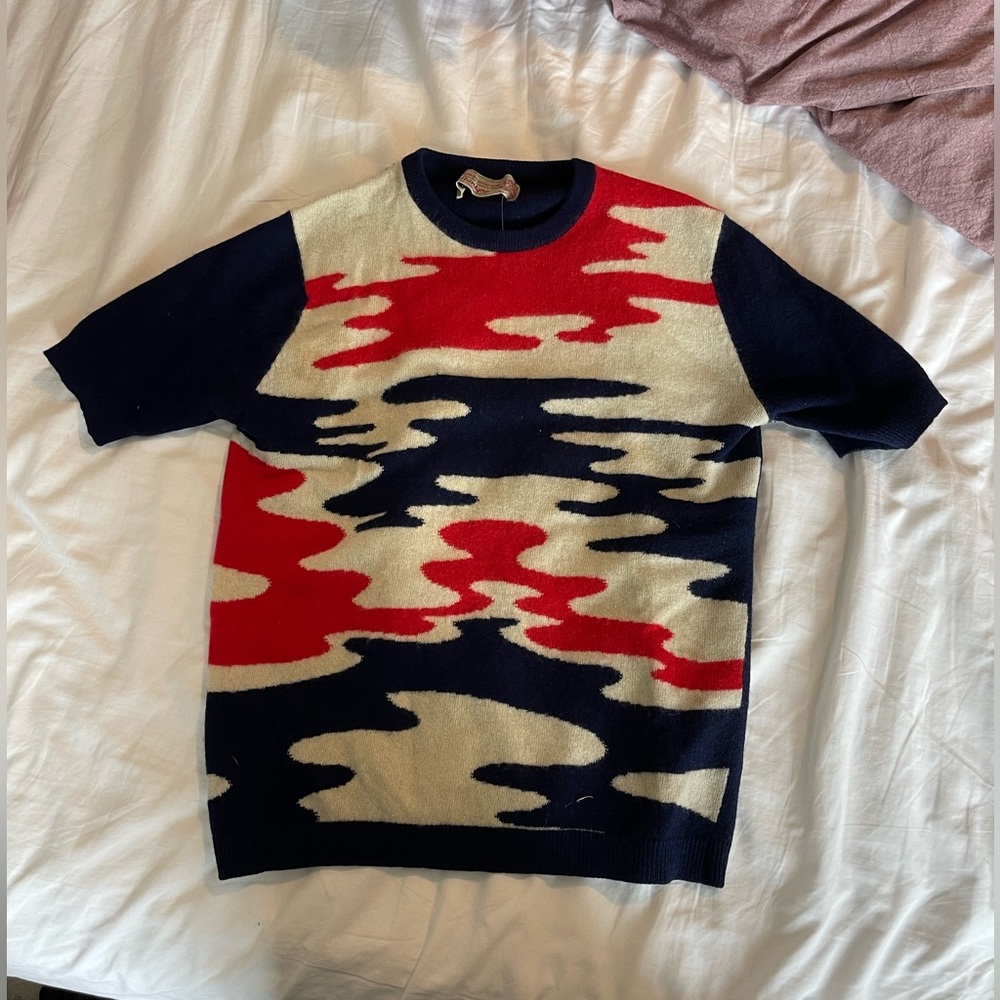 VINTAGE 100% Pure Cashmere Ballantyne Patterned Short Sleeve Top Navy/Red Multi